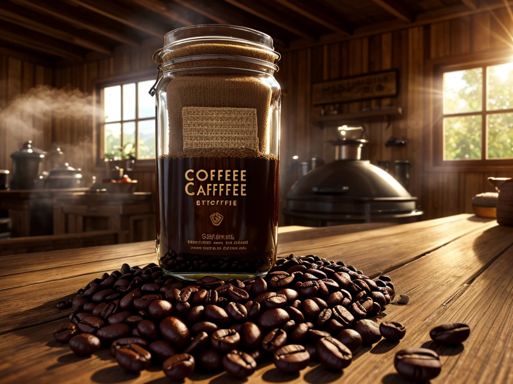 Create a coffee advertisement image with the following elements:
Central focus:
- A large, elegant glass jar of coffee beans prominently displayed in the center
Surrounding elements:
- Coffee plantation backdrop with lush green coffee plants
- Workers carefully picking ripe coffee cherries
- Roasted coffee beans scattered artistically around the jar
- A person inhaling the aroma from a steaming cup of coffee
- Coffee roasting process visible in the background
Atmosphere:
- Warm, inviting colors with golden sunlight filtering through
- Soft focus on background elements to emphasize the central jar
- Rich, earthy tones to evoke the essence of premium coffee
Text overlay:
- Brand name elegantly positioned above or below the central jar
- Tagline emphasizing quality and craftsmanship
Style:
- Photorealistic rendering with attention to detail
- Balanced composition drawing the eye to the central coffee jar
- High-resolution image suitable for print and digital media
Additional details:
- Steam rising from freshly roasted beans
- Textural elements like burlap sacks or wooden crates
- Subtle lens flare to enhance the warm atmosphere