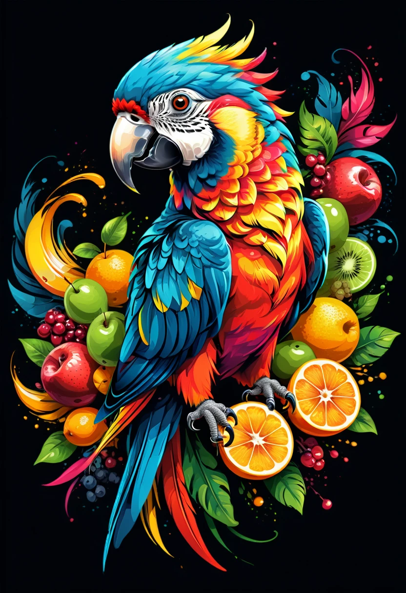 T-shirt designs, vectorial art, colorful illustration of a parrot, At the center, swirly vibrant colors, fruits, high détail,black backdrop.t shirt design.
(work of art, best qualityer, proffesional, perfect composition, very aesthetic, absurdrez, super verbose, details Intricate:1.3)