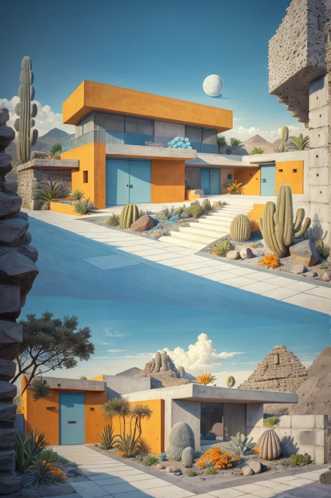 An illustration in collage style, with giant boulders, brutalist building sections, terraces, stairs, cacti, agave, concrete texture, multiple geometric shapes, hatch and cross hatching, planet saturn, volcano, moon, Luis Barragán's architectural style build, milky way galaxy, violet, one motorcycle, An illustration in collage style, with giant boulders, brutalist building sections, stairs, cacti, agave, concrete texture, multiple geometric shapes, hatch and cross hatching, planet saturn, volcano, moon, Luis Barragán's architectural style build, reflective pool, terraces. An elegant and modern build, in top of big boulders, with terraces, materials concrete, wood, steel and crystal, various gardens with tropical vegetation, cacti and rocks, stairs, a pool. In middle of sea, a big wave near, sunset, mountains and a volcano in the horizont, cute islands around, illustration format, cute color palette, detailed, masterpiece, award-winning work, clouds, Illustration, a garden with abundant cacti, ((various organic sculptures)), ((big rocks)), (((multiple sections))), collage style, detailed, (((color palette (olive green), (Mustard orange), cool grey, ((blue)), black and white))), (((a lot Luis barragán's architecture style builds))) big clouds, volcano in horizon, stairs, in the desert. ((masterpiece, best quality)),illustration,ultra detailed 8k, ((Ori Toor visual style)),soviet, megabuildings, megastructures, buildings, organic steel sculpture