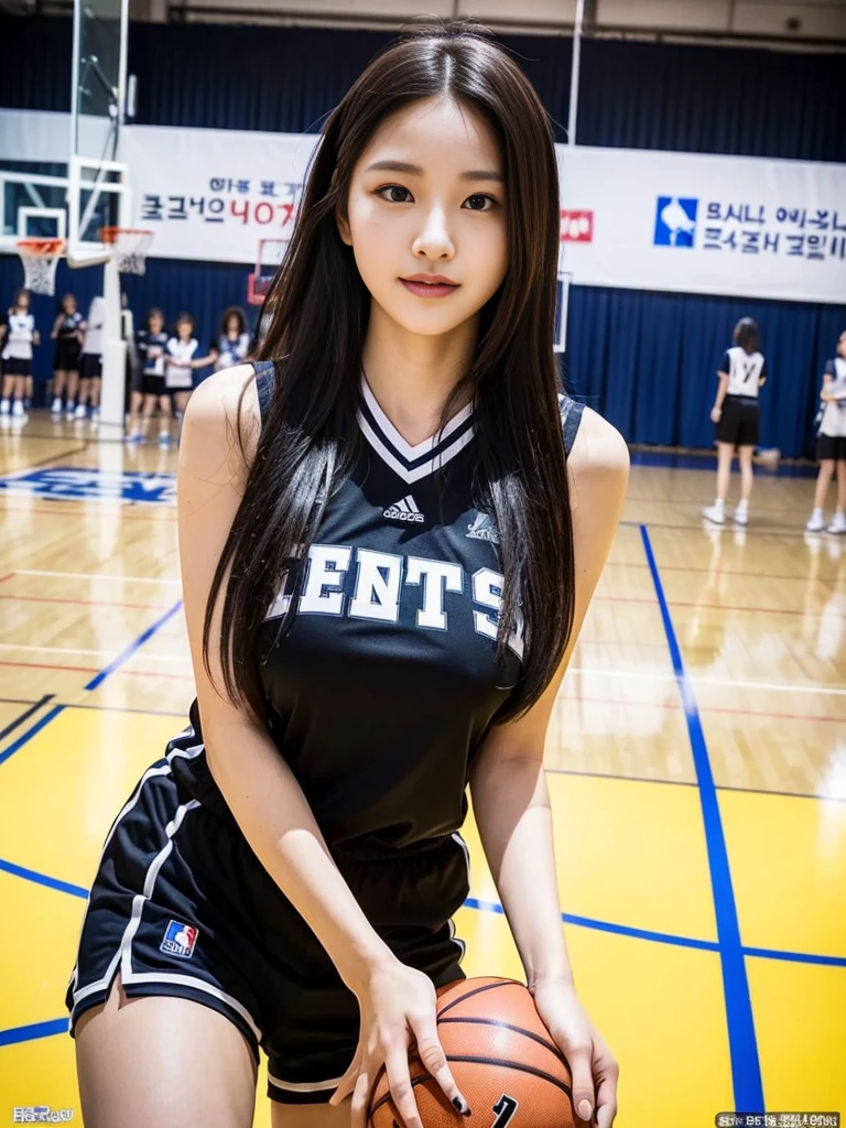 (ノースリーブのBasketball Uniformを着たかわいい韓国人女子高校生たちの集合写真:1.2)(Embarrassed look,I grin in embarrassment.:1.1)(Beautiful Sweat:1.1)(16K, RAW Photos, Highest quality, masterpiece: 1.2),(Shiny and beautiful black long hair) Super detailed, Super Resolution, (Genuine, Genuine photos: 1.37), Portraiture, High-resolution RAW color photos, Professional photos, Very detailed, 8k wallpaper, Very detailed CG Unity 8k wallpaper, Very detailed beautiful girls, Very detailed faces, ((whole body)), beautiful woman, Huge breasts,(huge boobs:1.1) (Big Boobs:1.1), beautiful  (Basketball Uniform),high school girl, Korean Girls,(K-POP Female Idols), (Idol-class beauty)(Beautiful high school girl:1.1)(Outdoor basketball court)()(Girls&#39; basketball team photo)