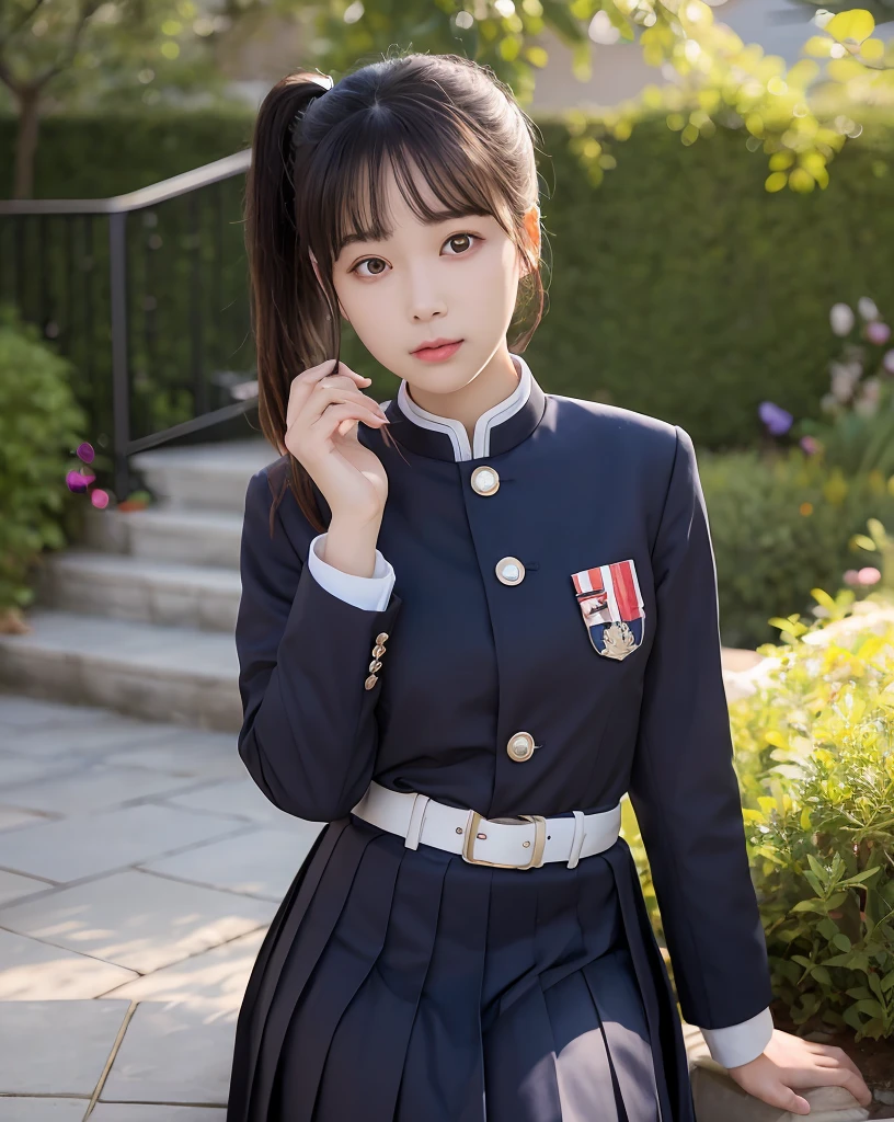 초realistic인 8k, The ultimate masterpiece, best quality, Without a pattern, 초realistic인, uhd, HDR, Ray Tracing, light, 사실적인 light, light source tracking, realistic , realistic photo, raw photography, whole body, ((매우 상세한 realistic인 배경, delicate pattern, intricate details)),Absolutely high quality,very detailed face,非常に細かい目 and face,非常に細かい目초realistic인 8k , The ultimate masterpiece, toe, beauty, in front, face sticking out, (highly detailed background, delicate pattern, intricate details)),Highest quality, highly detailed face, very detailed eyes and face, very detailed eyes, one girl, Kanao Tsuyuri, (((Bangs Paesoon,side ponytail, side ponytail))),(( demon slayer uniform:1.4)), butterfly headdress,,( white belt), (large fowl), (headlands, white headlands),(black jacket), (pleated skirt), belt, (black skirt), knee, buckle, covered, belt buckle, (black shirt:1.0), cloudy Do not have, 햇light, Tyndall effect, slope_Do not have, face, gorgeous Do not have, Sword at the waist,(garden:1.2),purple flower,small,cloudy Do not have,햇light,tidal effect,slope_Do not have,face,Gorgeous Do not have,west saber,Attractive posture, realistic real shadows, light 반사