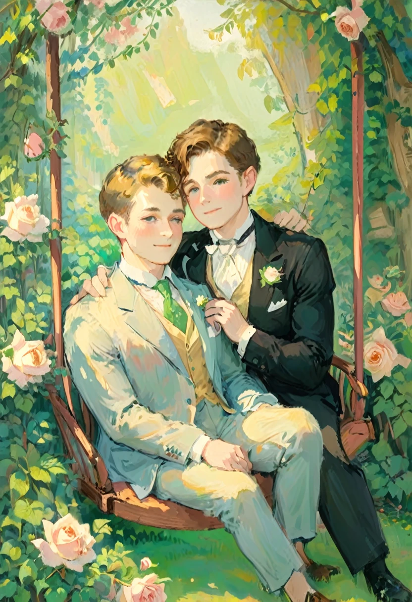 oil painting of handsome  gay couple of hunk irish mens with a wedding suits,cuddling,in a beautiful rose swing,morning bright, warm vibrant,by beatrix potter,soft shadows,dreamy,etheral atmosphere,masterpiece,baroque,masterpiece,sharp details,massive level of details,trending on pinterest,
