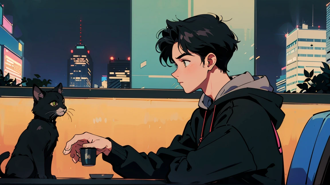 Highest quality, 8k, 1990s style,Hairstyles of the 2010s, 21 year old boy, Black Hair,Black hoodie, City Pop, pants ,Night view, profile、Wear headphones,Operating a PC, Upper body relaxation coffee, Black cat
