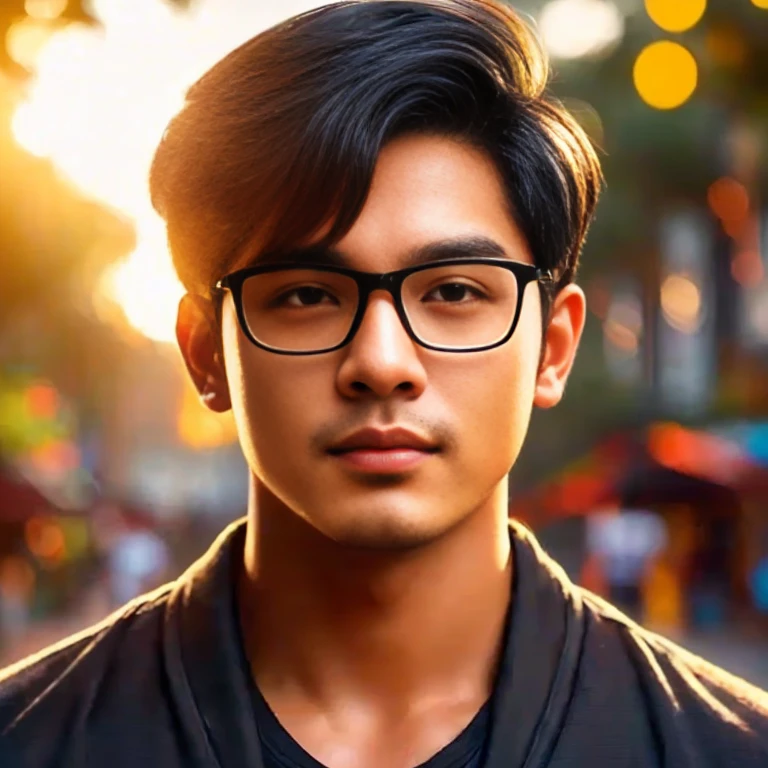 Araaf Asian man with a round face, black eyes, staring at the viewer, morning sun, ((face details)), Double eyelids, realistic, Masterpiece, short hair, black eyes,abdominal muscles, The body is beautiful and strong...,, (digital painting, HDR, high contrast