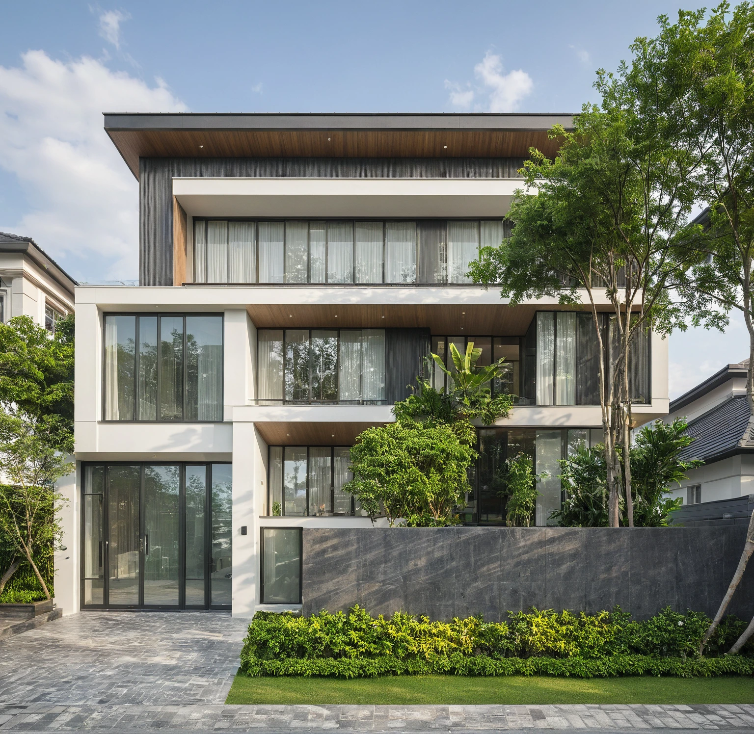 modern villa on street, (daylight), tropical tree, green shrub and plants, vivid color, streetcapes, minimalist design, brigth grey tone, (large glass door:1.2), warm interior lighting, modern material, best quality, ultra realistic, masterpiece, 
