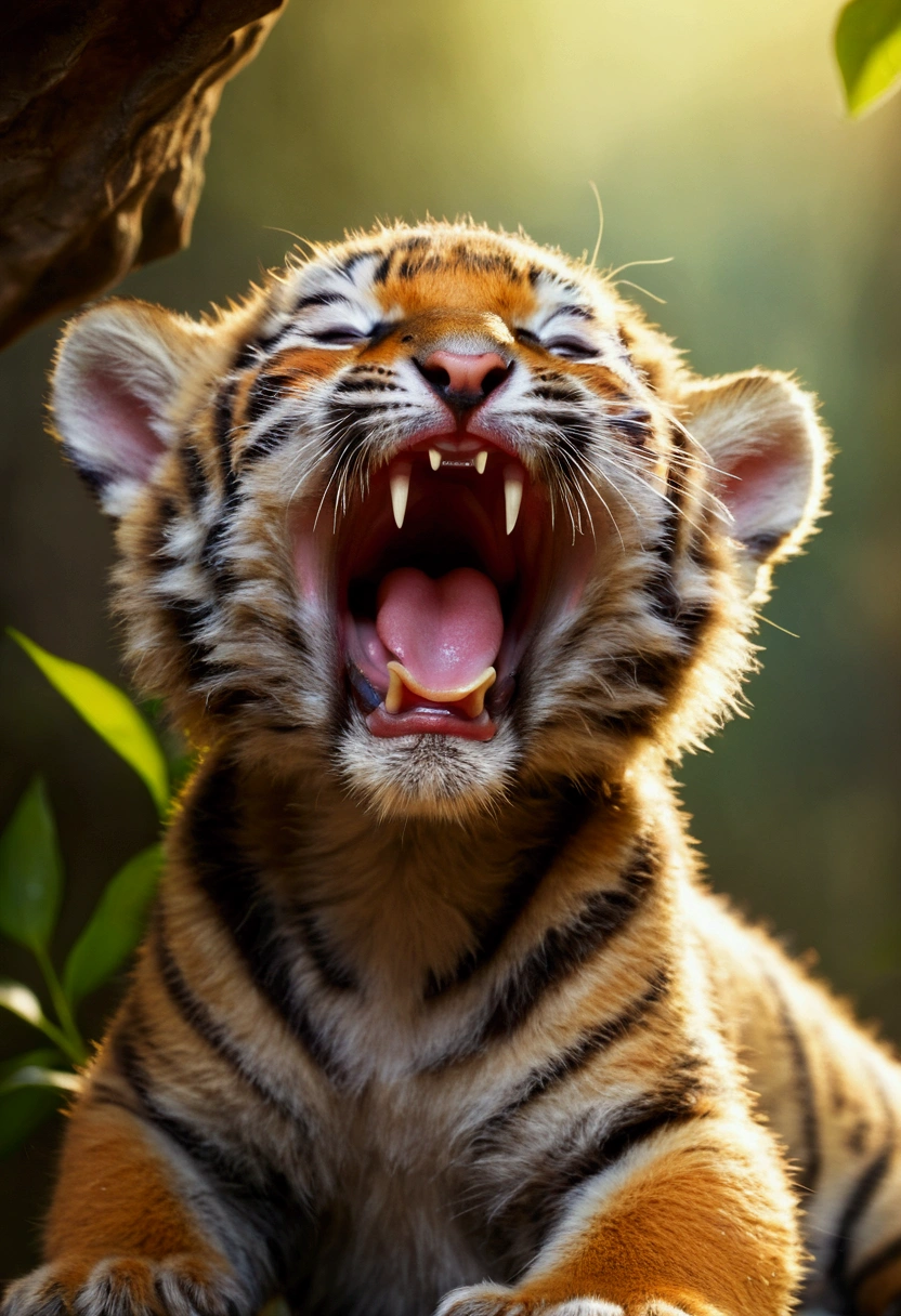 feelings of awe and wonder, a small tiger cub yawn, ((yawn:1.4)) Open your mouth , Tears, Beautiful nature , Warm colors, magic , Butterfly in the background,Tiger Orc