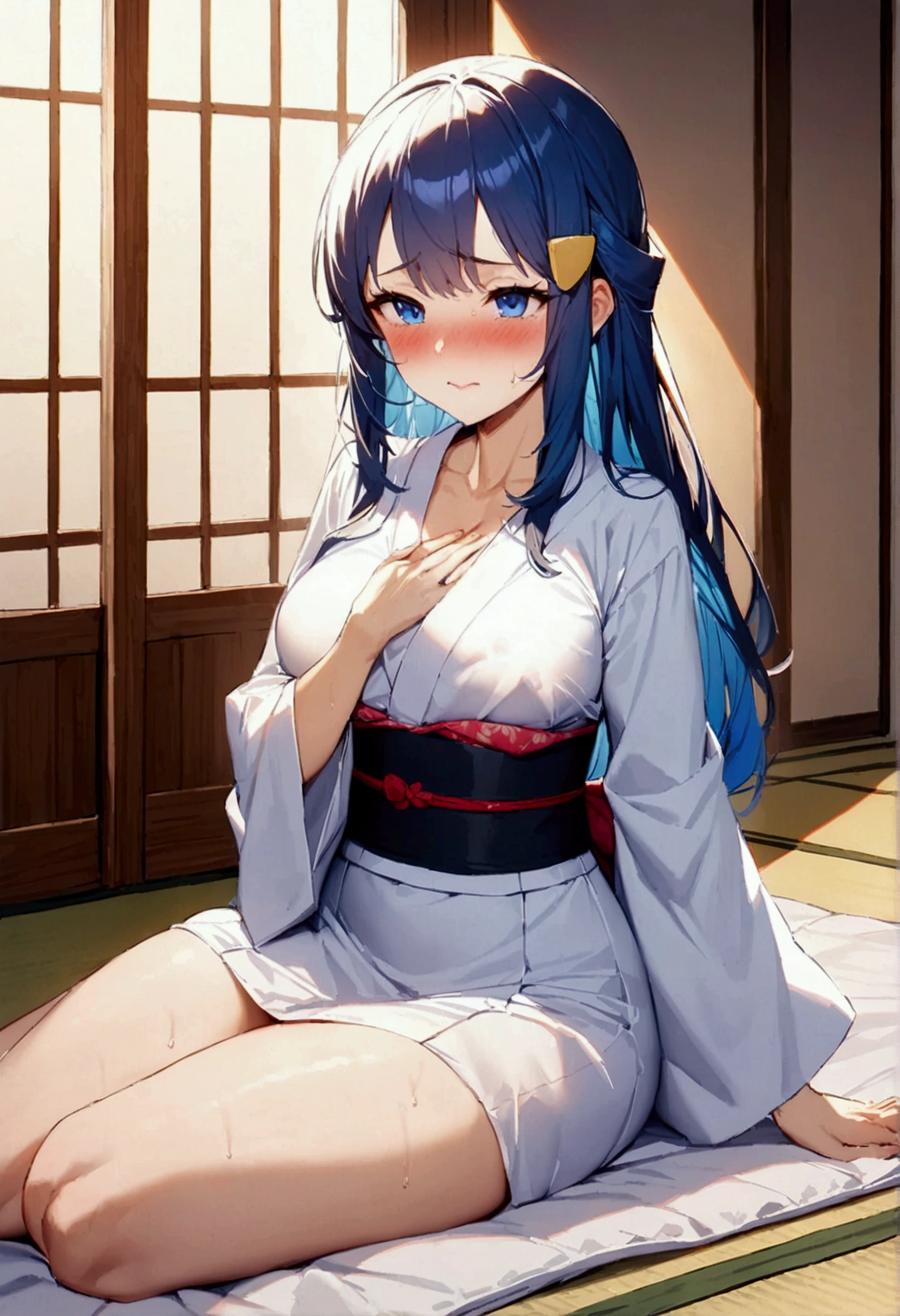 NSFW,masterpiece,Highest quality,High resolution,Super detailed,dawn_\(pokemon\),blue eyes, Blue Hair, Long Hair, Side Lock, Hair Clip,High-quality yukata,Embarrassed,blush,sake,Intoxication,Drunk,Inn at night,Japanese-style room,tatami,futon,(Middle-aged men),A man puts his hands on her waist and hugs her,Sitting,A man rubs his chest,Body touch,sexual harassment