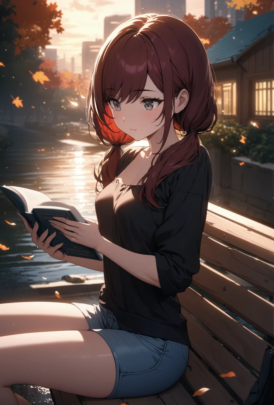 (masterpiece:1.2, Best Quality), (finely detailed beautiful eye: 1.2), (beautiful detailed face), High contrast, (Best Illumination, extremely delicate and beautiful), ((Cinematic Light)), Highest Quality, masterpiece, light particles, Best quality, masterpiece, , stoic young woman with gray eyes sitting on bench and reading book, dark red hair in low twin tails, swept bangs, side bangs, strapless black shirt, jeans, satchel, toned arms, small breasts, creek, outdoors, autumn, dusk, lights, tropical, clouds,teal buildings, white steps, fence, road, people in background, falling leaves,