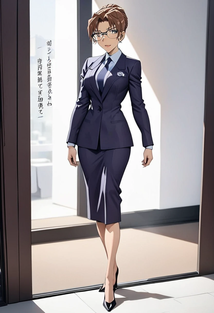 Beautiful lawyer ,(best quality,masterpiece,full body,solo:1.4), Perfect figure, Wearing glasses, Ultra Clear, Super detailed, Depth of written boundary, Brown Hair, Charismatic, 36 years old