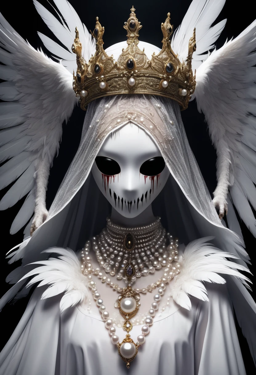 a disturbing faceless figure with skin covered in eyes, teeth, alone against a black background, wearing a crown, veil, hands, pearl necklace, feathered wings, (best quality,4k,8k,highres,masterpiece:1.2),unsettling aesthetic:1.56,horror