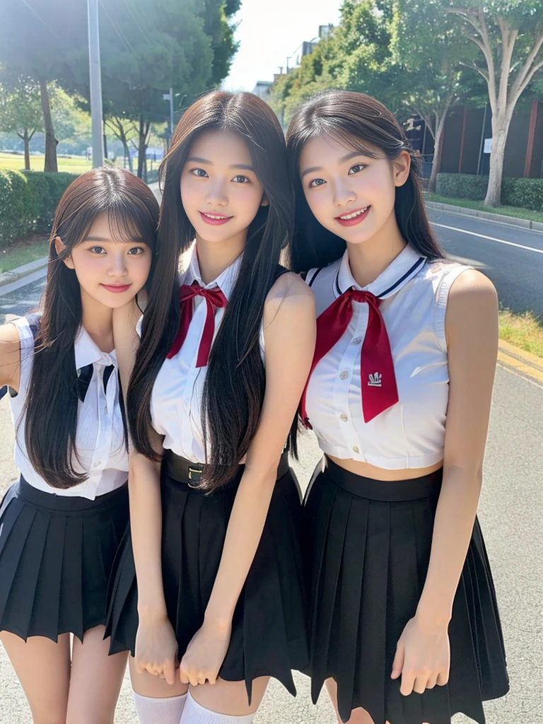 (A super cute Korean high school girl takes a photo with two close friends from her class..2)(grin,Smile)(Beautiful Sweat:1.1)(16K, RAW Photos, Highest quality, masterpiece: 1.2),(Shiny black hair) Super detailed, Super Resolution, (Genuine, Genuine photos: 1.37), Portraiture, High-resolution RAW color photos, Professional photos, Very detailed, 8k wallpaper, Very detailed CG Unity 8k wallpaper, Very detailed beautiful girls, Very detailed faces, ((whole body)), beautiful woman, Huge breasts,(huge boobs:1.1) (Big Boobs:1.1), Beauty college student (A tight, girly, navy sleeveless  with ribbon),high school girl, Korean Girls,(K-POP Female Idols), (Idol-class beauty)(Beautiful high school girl:1.1)(Bus stop on a country road)(18-year-old)(Stylish school uniform-style outfit:1.1)(Group photo:1.3)