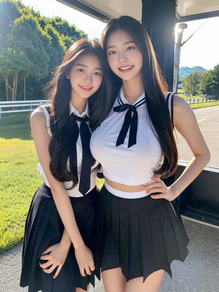 (A super cute Korean high school girl takes a photo with two close friends from her class..2)(grin,Smile)(Beautiful Sweat:1.1)(16K, RAW Photos, Highest quality, masterpiece: 1.2),(Shiny black hair) Super detailed, Super Resolution, (Genuine, Genuine photos: 1.37), Portraiture, High-resolution RAW color photos, Professional photos, Very detailed, 8k wallpaper, Very detailed CG Unity 8k wallpaper, Very detailed beautiful girls, Very detailed faces, ((whole body)), beautiful woman, Huge breasts,(huge boobs:1.1) (Big Boobs:1.1), Beauty college student (A tight, girly, navy sleeveless  with ribbon),high school girl, Korean Girls,(K-POP Female Idols), (Idol-class beauty)(Beautiful high school girl:1.1)(Bus stop on a country road)(18-year-old)(Stylish school uniform-style outfit:1.1)(Group photo:1.3)