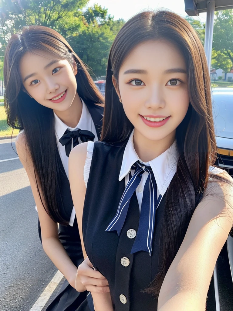 (A super cute Korean high school girl takes a photo with two close friends from her class..2)(grin,Smile)(Beautiful Sweat:1.1)(16K, RAW Photos, Highest quality, masterpiece: 1.2),(Shiny black hair) Super detailed, Super Resolution, (Genuine, Genuine photos: 1.37), Portraiture, High-resolution RAW color photos, Professional photos, Very detailed, 8k wallpaper, Very detailed CG Unity 8k wallpaper, Very detailed beautiful girls, Very detailed faces, ((whole body)), beautiful woman, Huge breasts,(huge boobs:1.1) (Big Boobs:1.1), Beauty college student (A tight, girly, navy sleeveless with ribbon),high school girl, Korean Girls,(K-POP Female Idols), (Idol-class beauty)(Beautiful high school girl:1.1)(Bus stop on a country road)(18-year-old)(Stylish school uniform-style outfit:1.1)(Group photo:1.3)