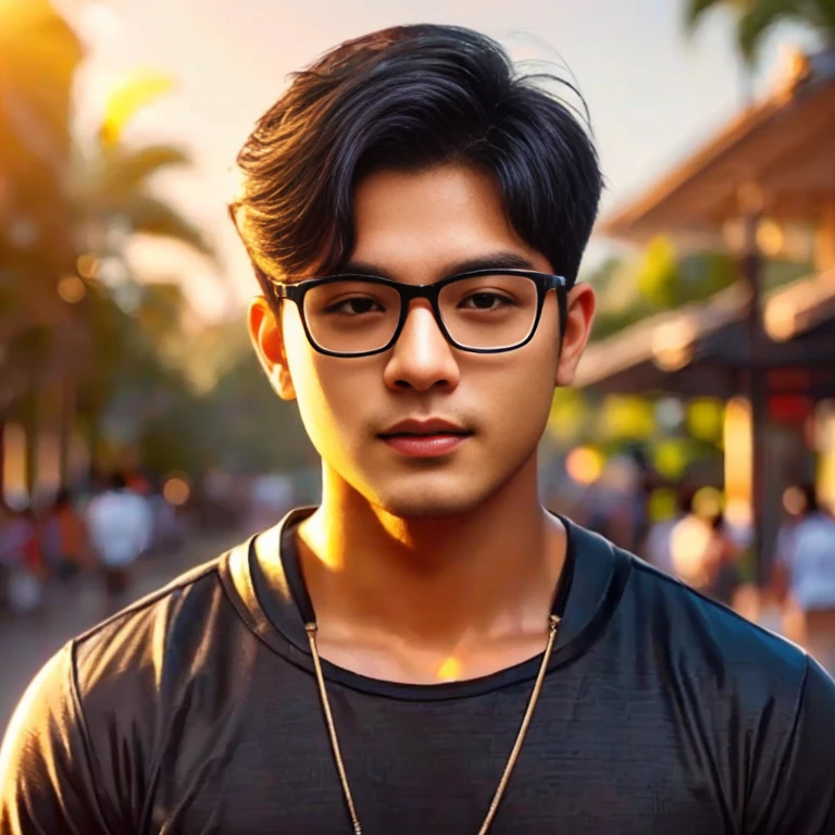 Araaf Asian man with a round face, black eyes, staring at the viewer, morning sun, ((face details)), Double eyelids, realistic, Masterpiece, short hair, black eyes,abdominal muscles, The body is beautiful and strong...,, (digital painting, HDR, high contrast