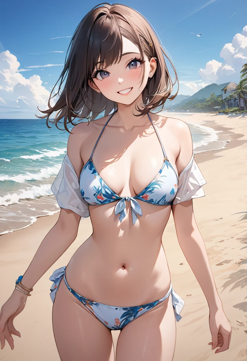 (Short-sleeved),(Bikini Bottom),(Fashionable),(Smiling),(Model),(Woman),(In her 20s),(Photoshoot),(Beach),(best quality:1.2),(master piece:1.2),(8k),(16k:1.2),(Illustration),(Best Quality:1.2),(Ultra-detailed:1.2),(top-quality:1.2),(masterpiece:1.2)