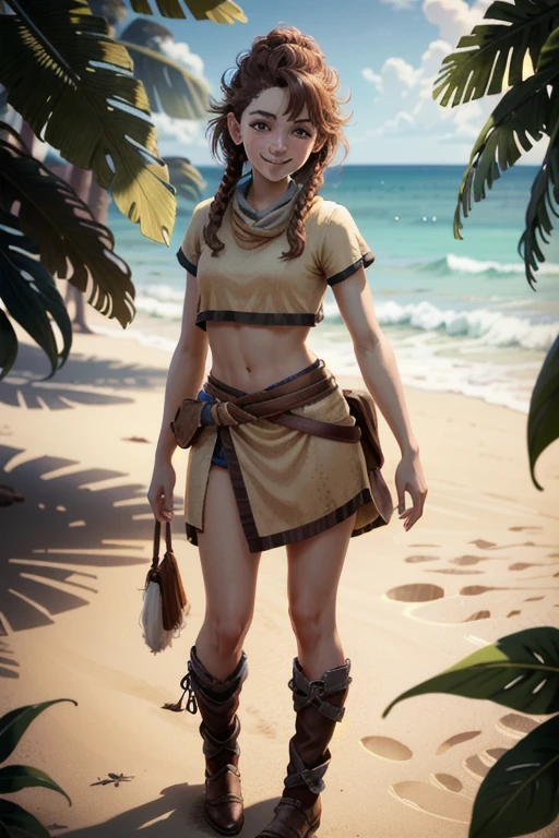 A ugly very young girl with short brown hair and brown eyes and many freckles and flat nose and good physique smiling happily, standing on the beach, in a chibi/deformed style, highly detailed, 4K, photorealistic, masterpiece, vibrant colors, natural lighting, cinematic composition