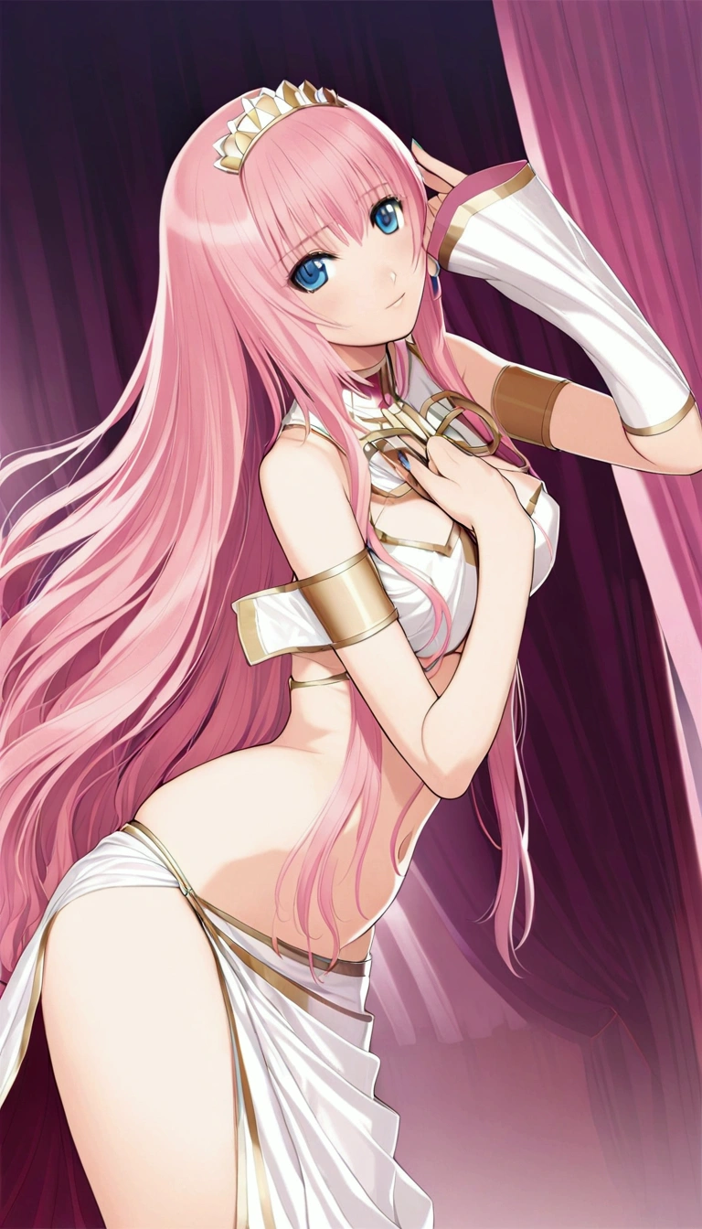 Erotic:1.1,Detailed and beautiful depiction 1.3,Official Art,Beautiful adult woman ,Megurine Luka in official costume,Pink long hair,blue eyes,Bedroom