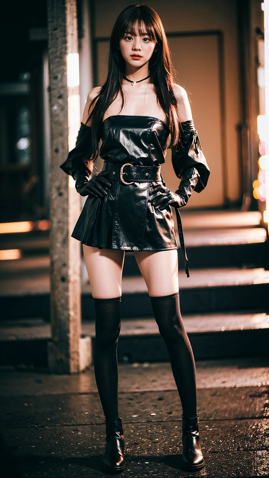 (8k、RAW Photos、Highest quality、masterpiece:1.2)、(Highest quality、Realistic)、1 Girl、((leather、ガーターbelt、Tube top、Arm Coverini skirt、black、tights、Belly button、Gloves、belt、ribbon、See-through、Thin legs、whole body、boots、City of night、View from the front、Looking into the camera、Stand with hands on hips))、cute
