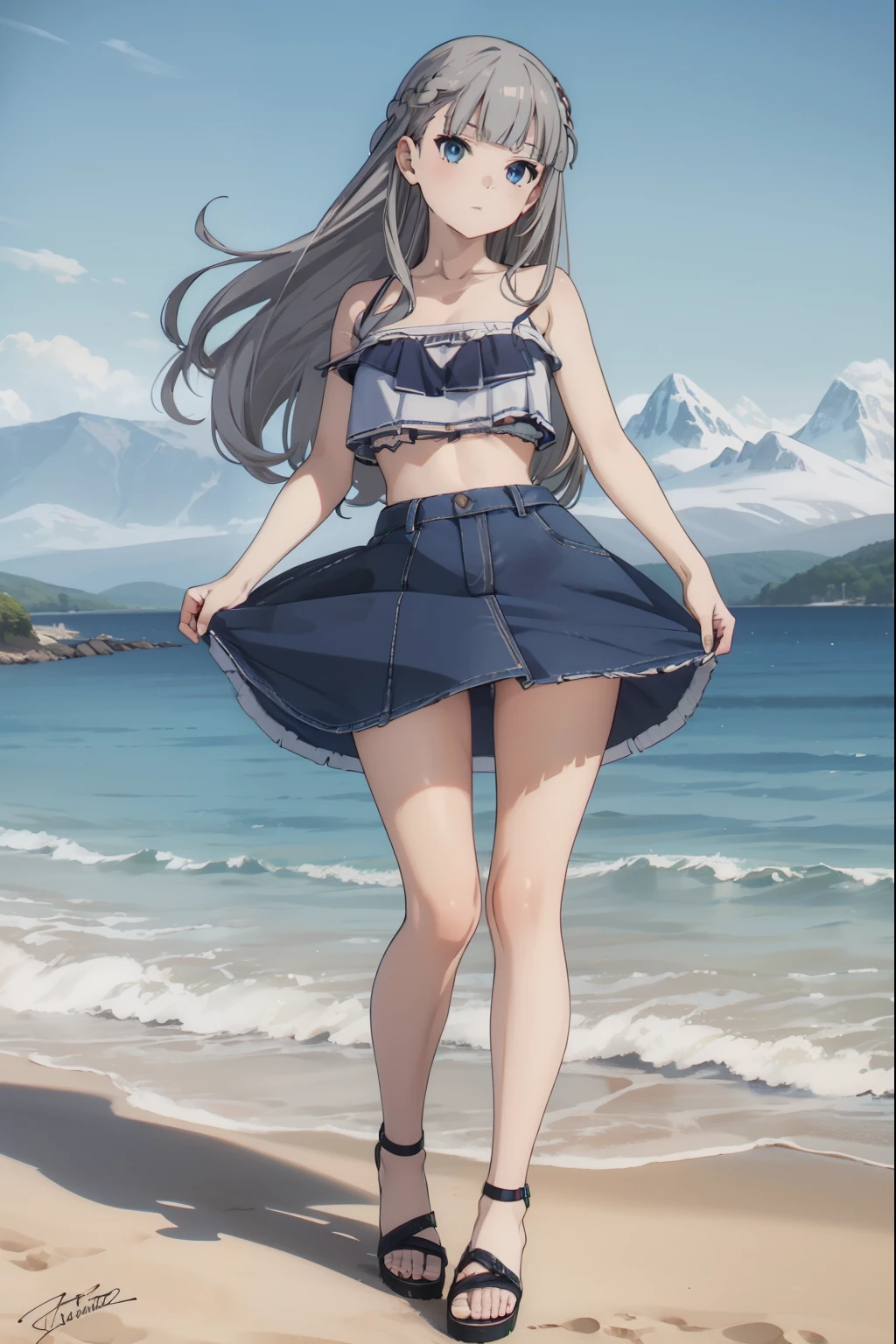 (Highest quality), (masterpiece),(High resolution), (Lawine), alone, (avalanche_Soso no Furien:1.10), (avalanche), One girl, blue eyes, grey hair, long hair, Mouth closed,  looking at viewer, Small breasts, (tube top), (denim Ultra mini skirt), sandals, standing, full body, beach,