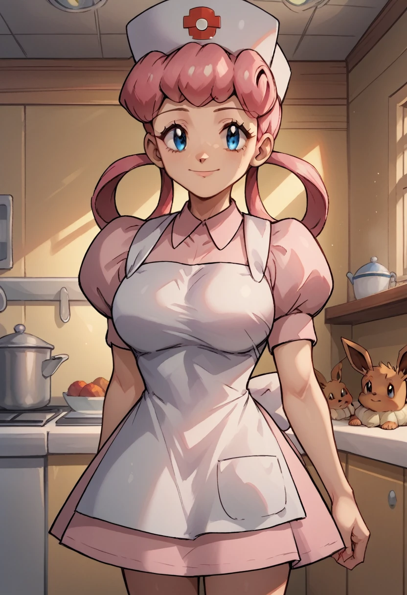 score_9, score_8_up,score_7_up, source_anime, 1girl, solo, eppknursejoy, pink hair,  blue eyes, long hair, large breasts, hair rings, bumper bangs, looking at viewer, hat, dress, closed mouth, short sleeves, puffy sleeves, apron, puffy short sleeves, nurse cap, nurse, indoors, smile, infirmary, pokemon, pokemon \(creature\), eevee,