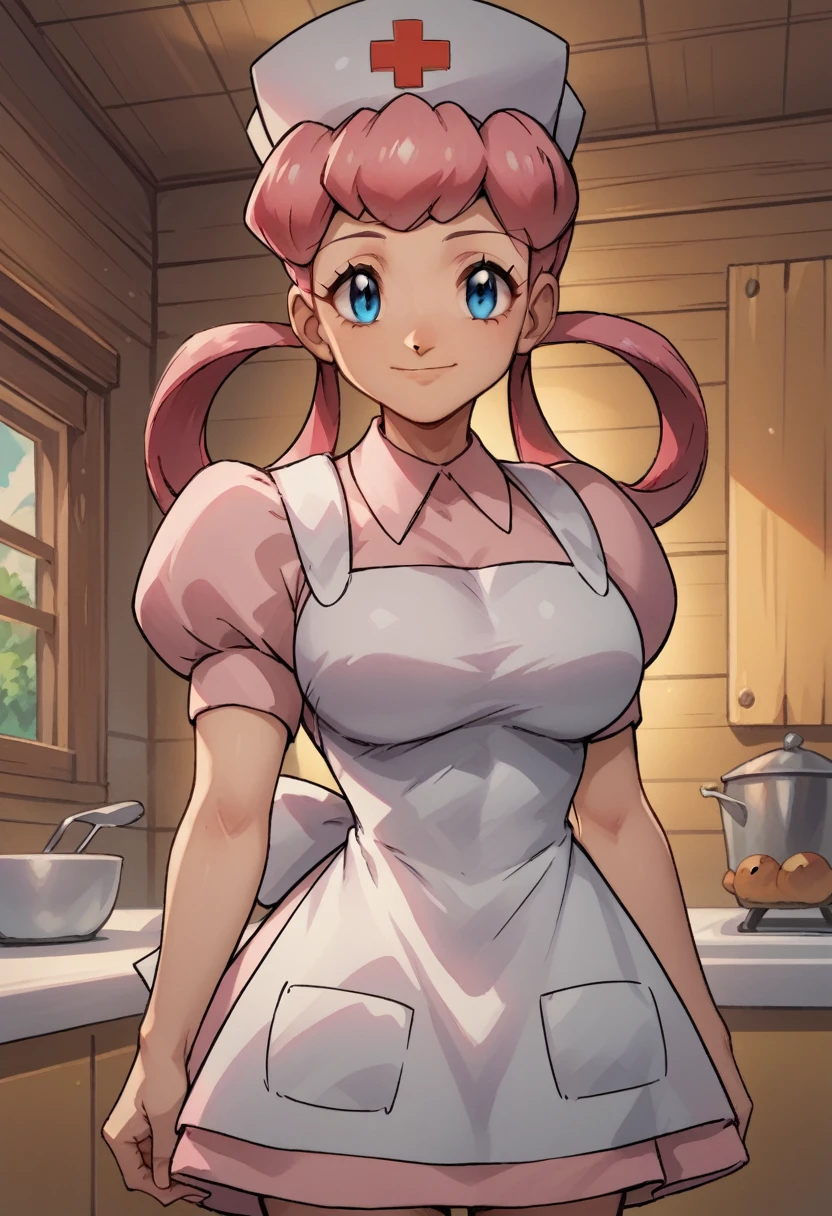 score_9, score_8_up,score_7_up, source_anime, 1girl, solo, eppknursejoy, pink hair,  blue eyes, long hair, large breasts, hair rings, bumper bangs, looking at viewer, hat, dress, closed mouth, short sleeves, puffy sleeves, apron, puffy short sleeves, nurse cap, nurse, indoors, smile, infirmary, pokemon, pokemon \(creature\), eevee,