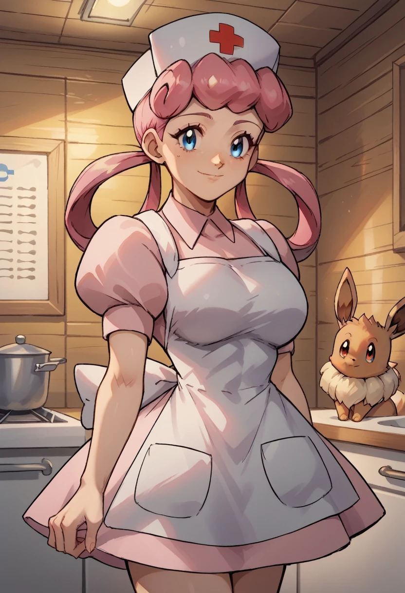 score_9, score_8_up,score_7_up, source_anime, 1girl, solo, eppknursejoy, pink hair,  blue eyes, long hair, large breasts, hair rings, bumper bangs, looking at viewer, hat, dress, closed mouth, short sleeves, puffy sleeves, apron, puffy short sleeves, nurse cap, nurse, indoors, smile, infirmary, pokemon, pokemon \(creature\), eevee,