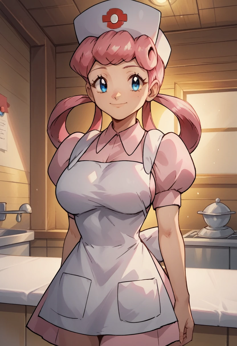 score_9, score_8_up,score_7_up, source_anime, 1girl, solo, eppknursejoy, pink hair,  blue eyes, long hair, large breasts, hair rings, bumper bangs, looking at viewer, hat, dress, closed mouth, short sleeves, puffy sleeves, apron, puffy short sleeves, nurse cap, nurse, indoors, smile, infirmary, pokemon, pokemon \(creature\), eevee,