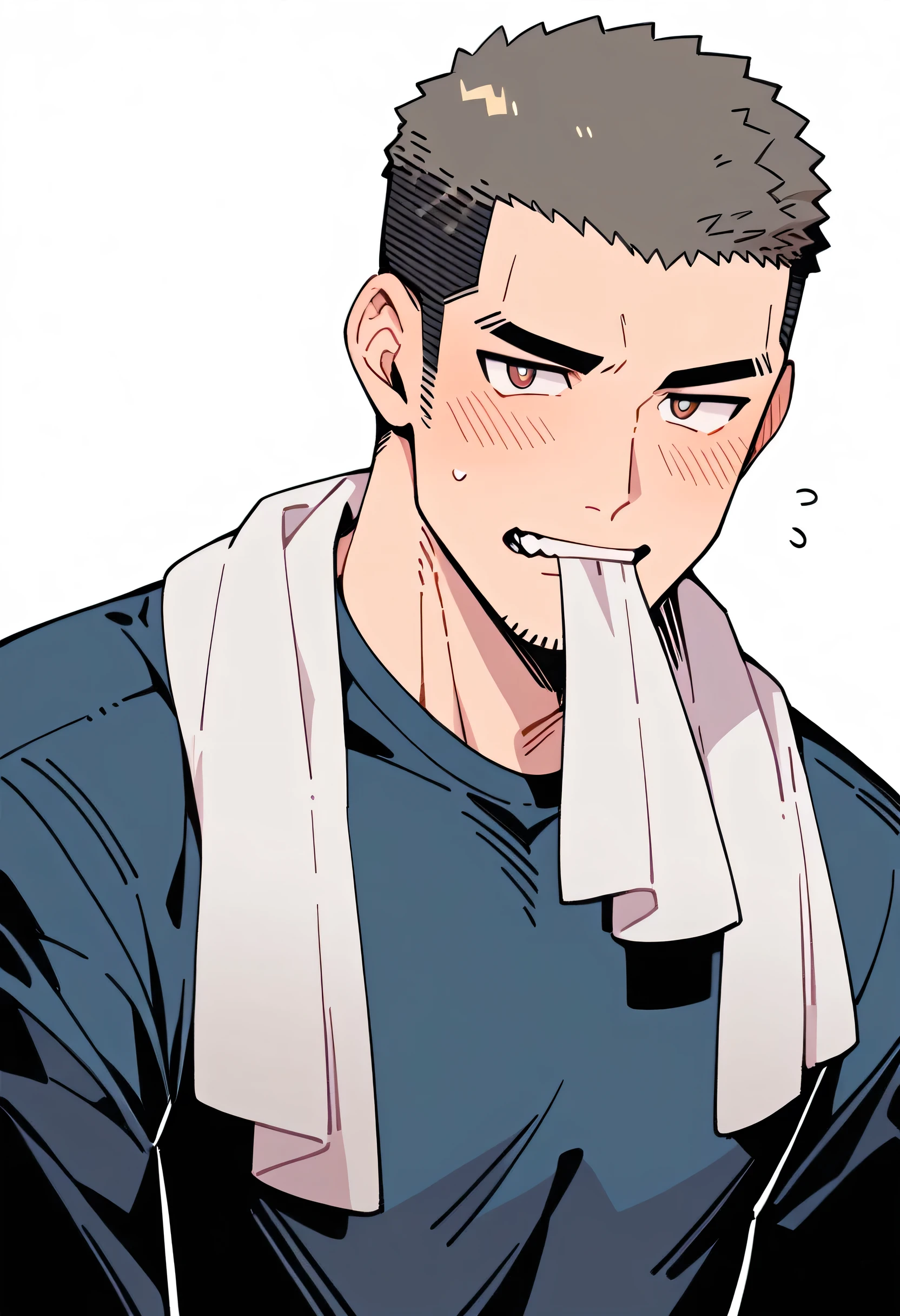 anime characters:Priapus, Muscle Sports Student, Buzz Cut, Manliness, male focus, Sports tight hooded sweatshirt, Very tight, full and perky chest muscles, muscular male, muscular, only, Upper body, alone, Black short hair, Thick eyebrows, stubble, Brown-red pupils, White background, simple background, amazing quality, best aesthetics, Ridiculous, crew cut, blush, mouth hold, Mouth biting a white towel, embarrassed, shy, endured face, negative space, best quality