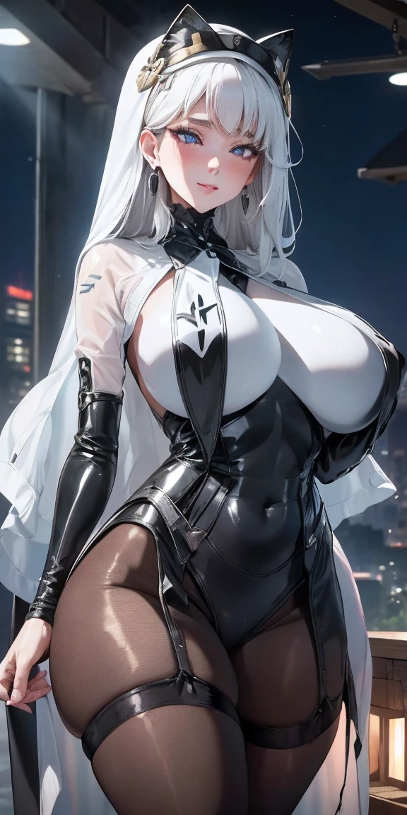 beautiful, breathtaking mature fox-woman, large, sagging breasts, light black hair with white streaks, earrings, (short shorts, superiority, naughty, thick thighs, with a sexy neckline: 1.1), (micro shorts: 1.1), ((masterpiece, best quality; 1.3)), ultra detailed, 8k unity wallpapers, CG, ray tracing, illustration, colorful, cinematic shadow, extremely detailed and beautiful background, vhd, VRay Shading, RT)), (slutty face: 1.2), mischievous smile, (large saggy breasts), wide hips, big ass, flirting with the viewer, facing the viewer, facial blush, standing in front, cute sexy pose, cowboy shot, on home porch, night, bright, bright light, ultra detailed, scenic, atmospheric, bimbo, big lips, detailed face and eyes, tilt headshot, intimacy, medium shot, thigh height, from below, gyaru, hair clip, ((wearring white sheer pantyhose))