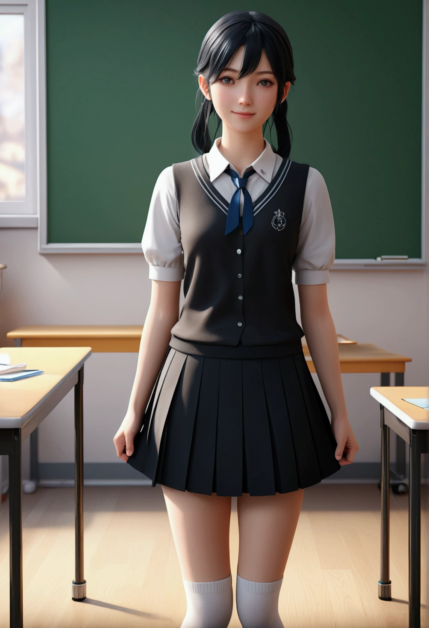 ((masterpiece)), ((Highest quality)), ((High resolution)), ((Highly detailed CG Unity 8k wallpaper)), alone, Tachibana Sonata, Black Skirt, White socks, A small smile, Classroom Bukkake