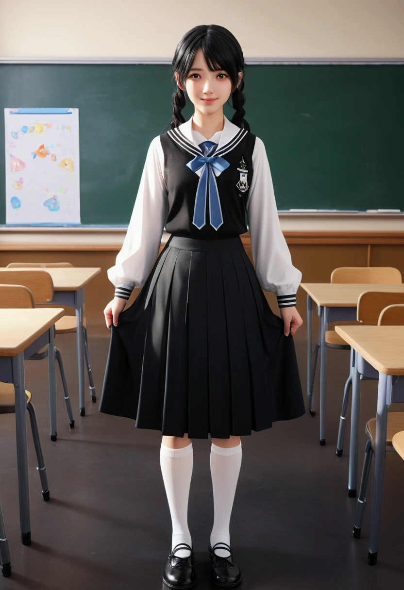 ((masterpiece)), ((Highest quality)), ((High resolution)), ((Highly detailed CG Unity 8k wallpaper)), alone, Tachibana Sonata, Black Skirt, White socks, A small smile, Classroom Bukkake