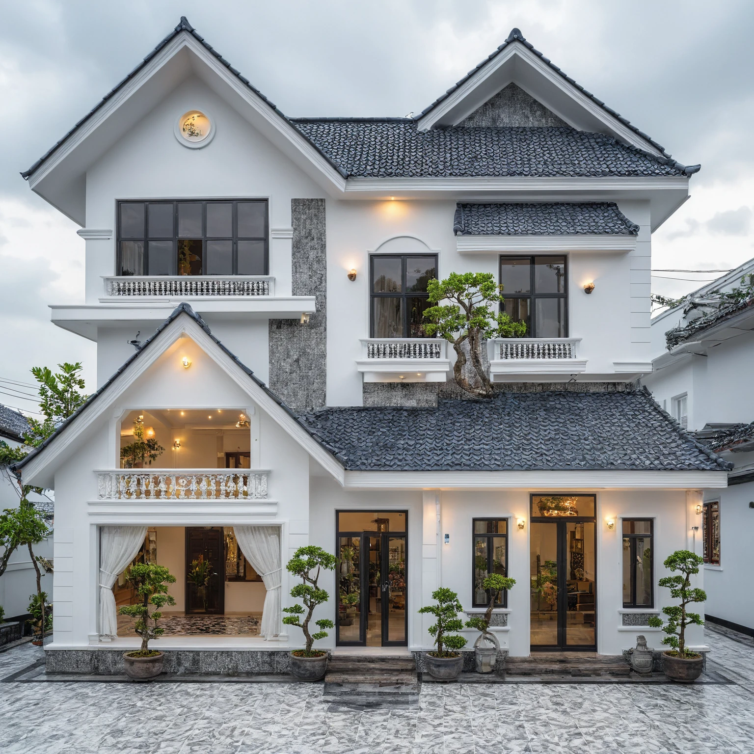 (bright image), A double story modern style house in the middle of Vietnam, (dark grnite tiled wall),(classic detail), simple and elegant architecture with white walls on top half and grey tiles roof, large windows with, entrance door is white with arched shape, bonsai trees, wide tile stone courtyard, professional photography, daylight, natural light, high resolution photography, (best quality, ultra realistic, masterpiece:1.15)