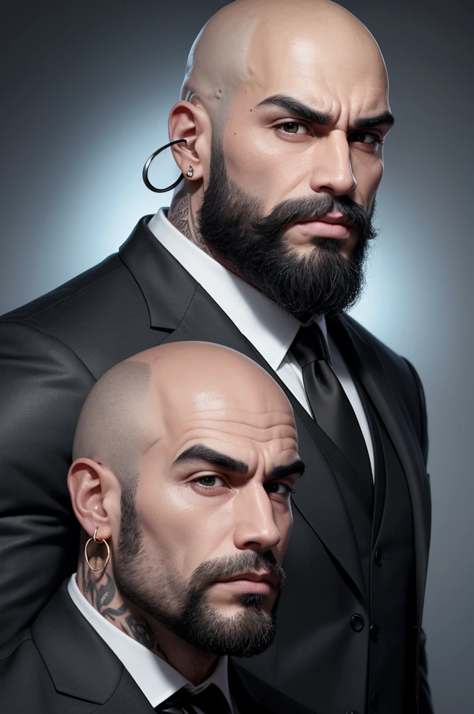 Create a 3D image of a bald man, thinner nose, square jaw, mouth with medium lips, medium and slightly thick eyebrows, bad face, deep eyes, very muscular, with tattoos on his head and arm, small hoop earrings in his ears , a separate beard.
Wearing a black suit with a red dress shirt and black tie.