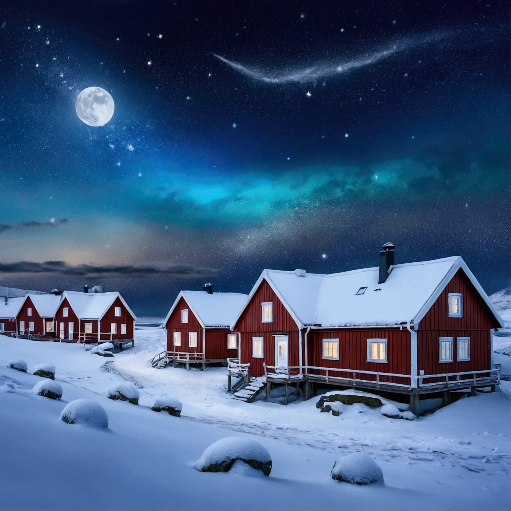 !seaart "Vila viking de Frostholm no auge do inverno, with snow covered houses and howling winds, under a starry night sky"