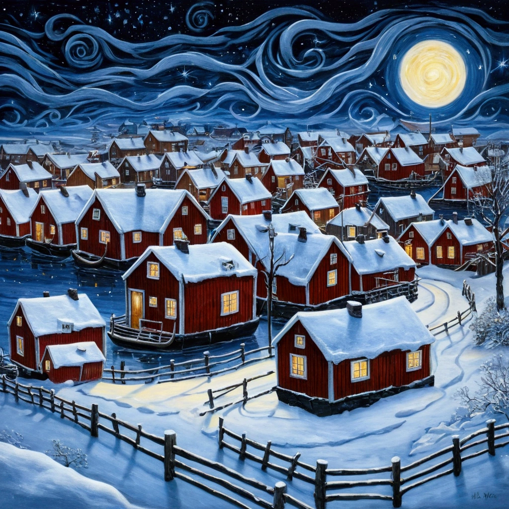 !seaart "Vila viking de Frostholm no auge do inverno, with snow covered houses and howling winds, under a starry night sky"