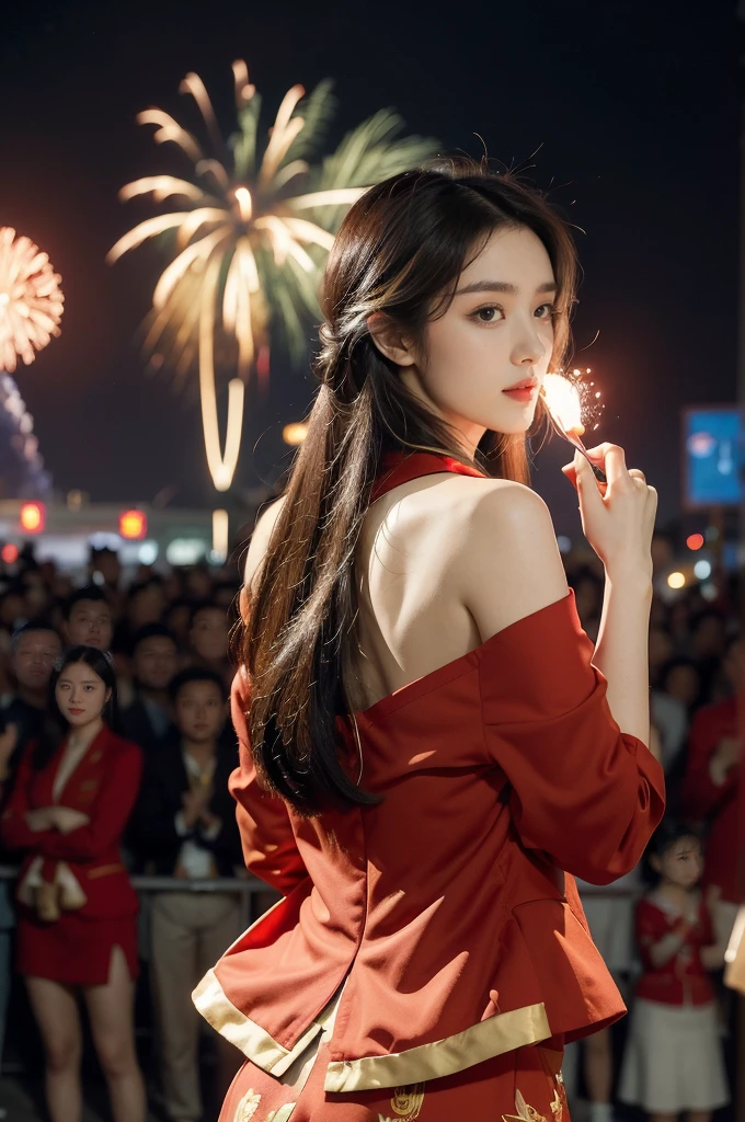 (((best quality))),(((ultra detailed))),(((masterpiece))),illustration, ((Olympic Opening Ceremony,in Paris,summer night,magnificent National stadium of France,Olympic flame, fireworks)),(crowded crowds of enthusiastic spectators:1.3),((a beautiful Chinese girl,solo)),((shoulder length straight hair:1.2)),((slim,thin)),((shoulder off,strapless,bare back,towering hips,butt crack)),(red blazer:1.5),(yellow dress:1.2),excited expression, awe, celebrating, electric atmosphere, sense of pride, excitement, playing field, crowd energy, unity, camaraderie, representing China, historic event, memorable moment,((from back,upper body))