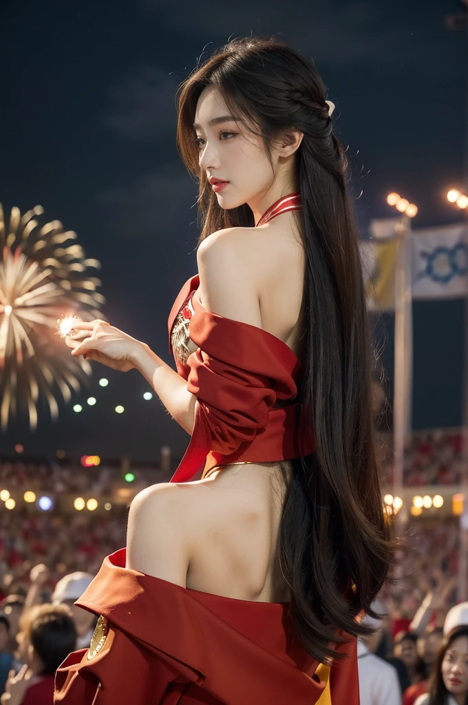 (((best quality))),(((ultra detailed))),(((masterpiece))),illustration, ((Olympic Opening Ceremony,in Paris,summer night,magnificent National stadium of France,Olympic flame, fireworks)),(crowded crowds of enthusiastic spectators:1.3),((a beautiful Chinese girl,solo)),((shoulder length straight hair:1.2)),((slim,thin)),((shoulder off,strapless,bare back,towering hips,butt crack)),(red blazer:1.5),(yellow dress:1.2),excited expression, awe, celebrating, electric atmosphere, sense of pride, excitement, playing field, crowd energy, unity, camaraderie, representing China, historic event, memorable moment,((from back,upper body))
