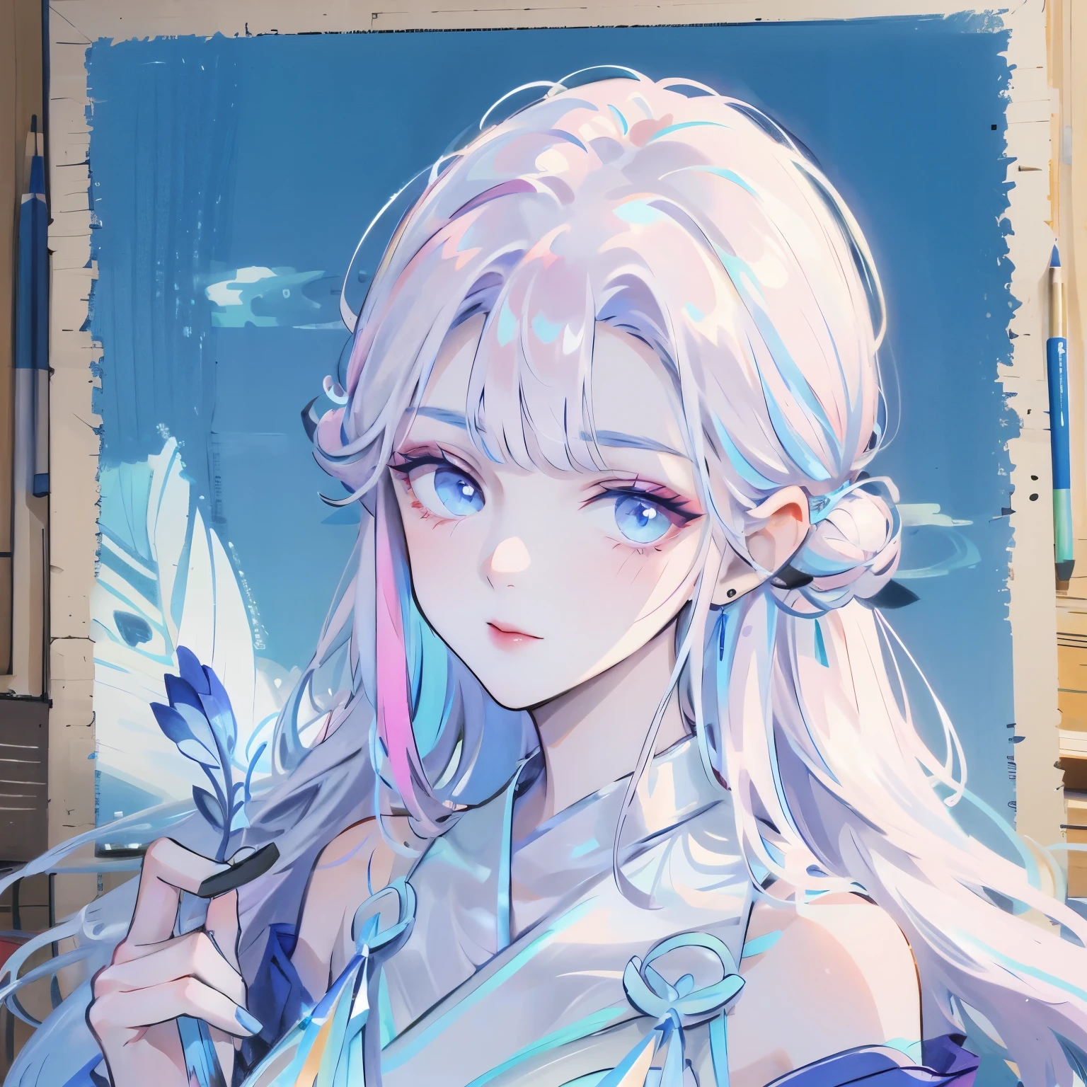 The painting shows a woman with blue eyes,Holding a flower in hand, Colored pencil sketch, Colored pencil sketch, Colored pencil sketch, Colored pencil sketch, Painting, Draw with colored pencils, Painting, Painting, Color Sketch, Colored pencil sketch, Colored pencil sketch, 详细的彩色portrait, colored pencil illustration, 高品质Color Sketch, portrait