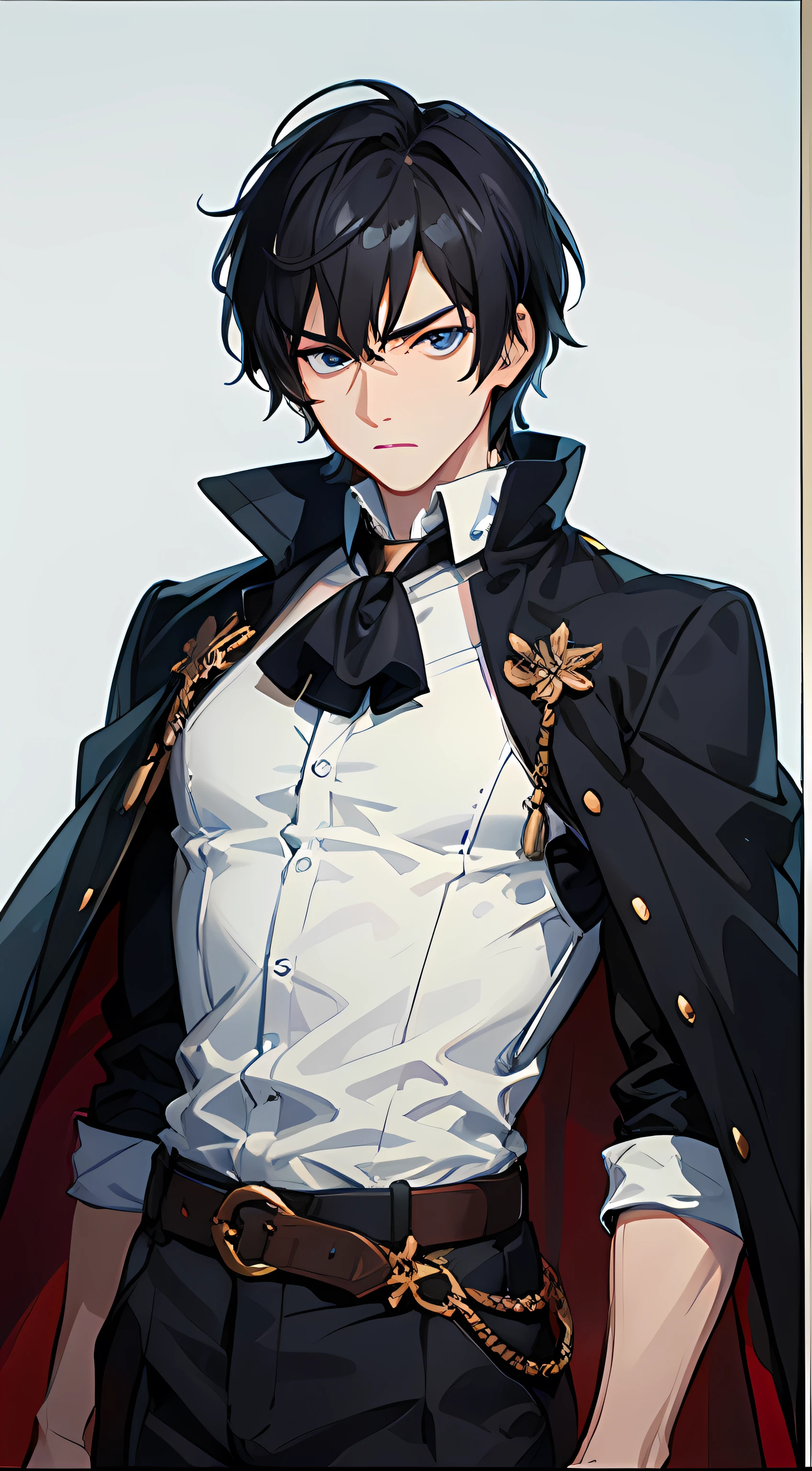 1 man, young man, noble outfit, cape, aristocrat, black short hair, bright blue eyes, pale skin, plain white background, waist up shot, arms down, serious face, detailed face, negative spaces on the side