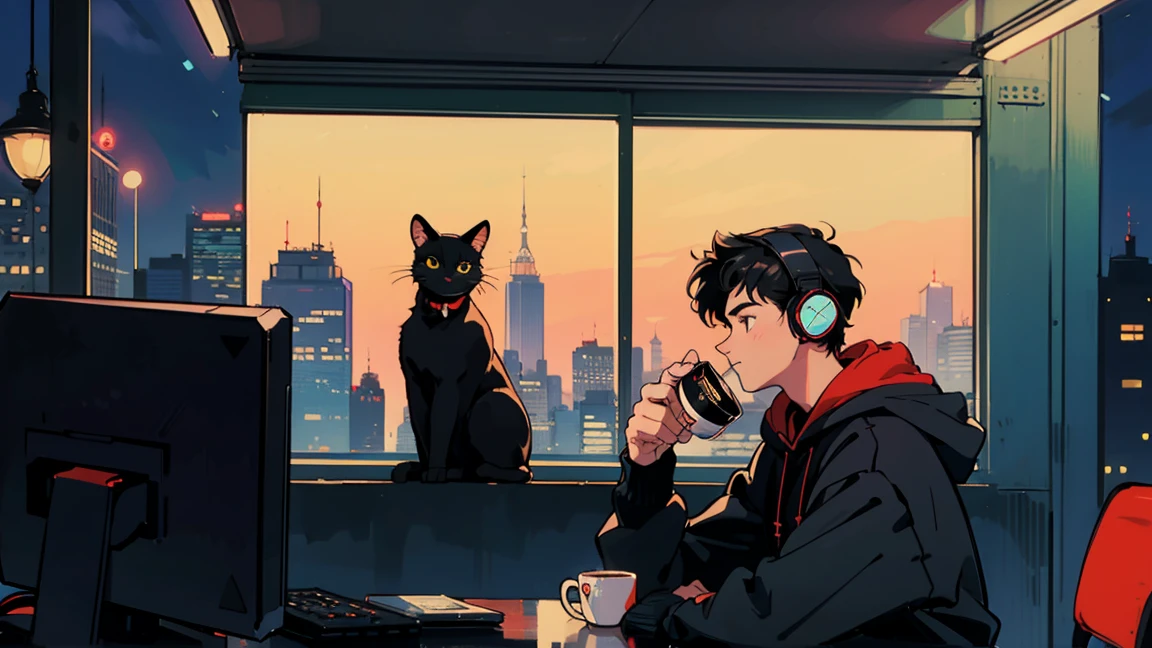 Highest quality, 8k, 1990s style,Wearing a hoodie、21 year old boy, Black Hair,Black hoodie, City Pop, pants ,Night view, profile、Wear headphones,Operating a PC, Upper body relaxation coffee, Black cat