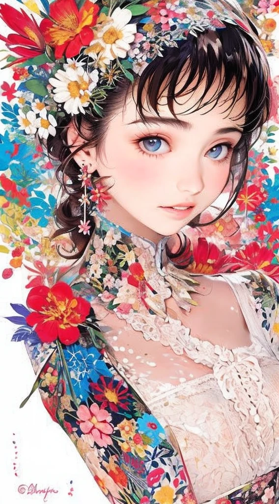 cute、Perfect Anatomy、Picturesque、sketch、texture、solo、Very detailed、(Fractal Art:1.1)、(Gentle colors:1.1)、(Floral:1.6)、Most detailed、(Zentangle:1.2)、(Dynamic pose)、(Abstract background:1.3)、(Glowing Skin)、(Many colors:0.8)、、(Earrings:1.4)、(feather:0.9)、Taisho romance,(masterpiece、highest quality、highest quality、Official Art、Beautiful and aesthetic:1.2)、