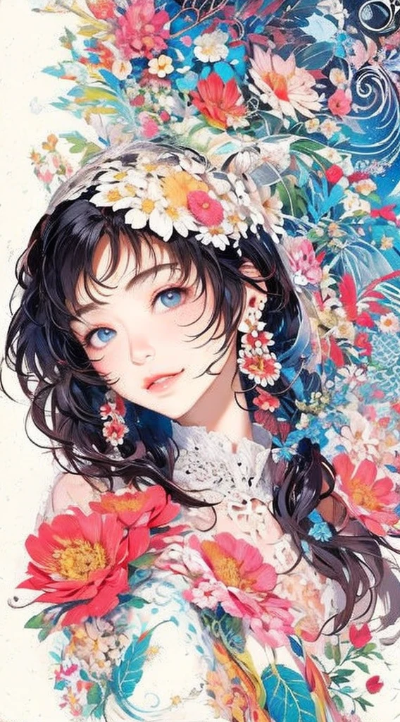 cute、Perfect Anatomy、Picturesque、sketch、texture、solo、Very detailed、(Fractal Art:1.1)、(Gentle colors:1.1)、(Floral:1.6)、Most detailed、(Zentangle:1.2)、(Dynamic pose)、(Abstract background:1.3)、(Glowing Skin)、(Many colors:0.8)、、(Earrings:1.4)、(feather:0.9)、Taisho romance,(masterpiece、highest quality、highest quality、Official Art、Beautiful and aesthetic:1.2)、