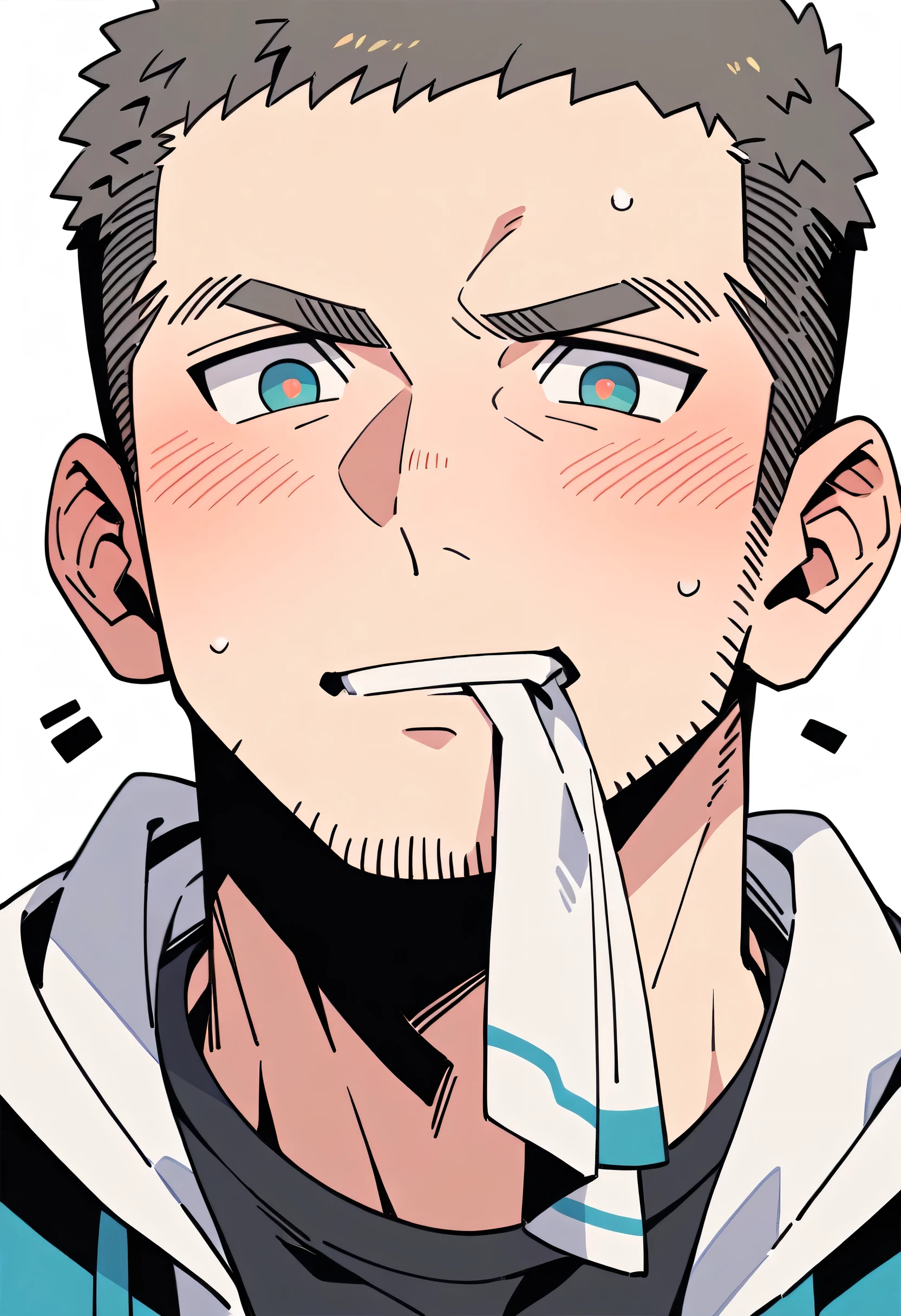 anime characters:Priapus, Muscle Sports Student, Buzz Cut, Manliness, male focus, Sports tight hooded sweatshirt, Very tight, full and perky chest muscles, muscular male, muscular, only, Upper body, alone, Black short hair, Thick eyebrows, stubble, Brown-red pupils, White background, simple background, amazing quality, best aesthetics, Ridiculous, crew cut, blush, mouth hold, Mouth biting a white towel, embarrassed, shy, endured face, negative space, best quality