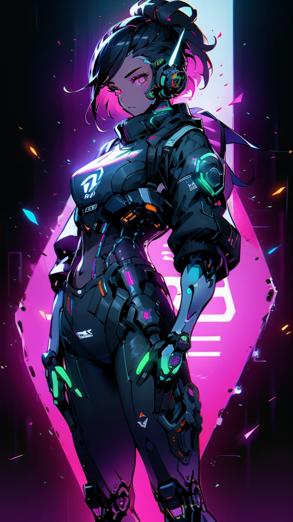 android girl, futurist, robotic part, detailded, Cellular lighting, swirly vibrant colors, detailed structure, glowing eyes with LEDs