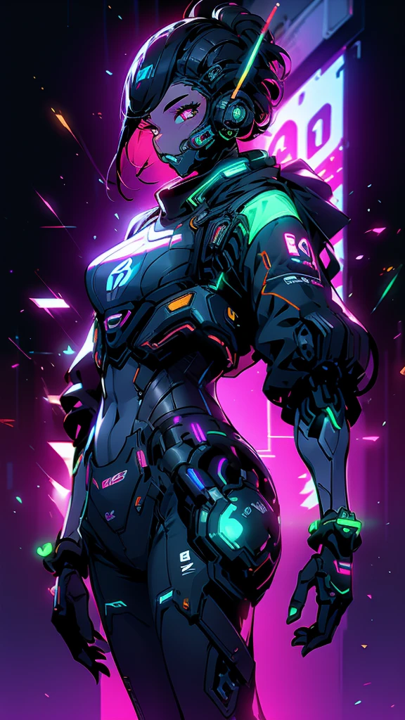 android girl, futurist, robotic part, detailded, Cellular lighting, swirly vibrant colors, detailed structure, glowing eyes with LEDs