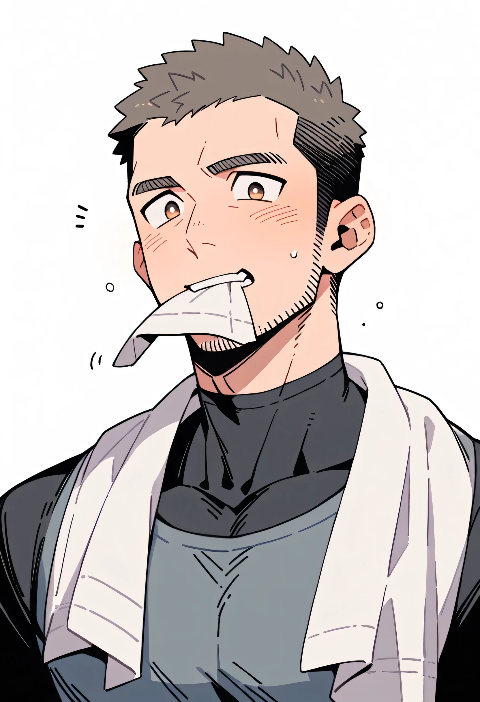 anime characters:Priapus, Muscle Sports Student, Buzz Cut, Manliness, male focus, Sports tight hooded sweatshirt, Very tight, full and perky chest muscles, muscular male, muscular, only, Upper body, alone, Black short hair, Thick eyebrows, stubble, Brown-red pupils, White background, simple background, amazing quality, best aesthetics, Ridiculous, crew cut, blush, mouth hold, Mouth biting a white towel, embarrassed, shy, endured face, negative space, best quality