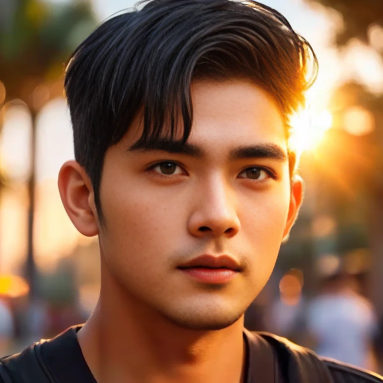 Araaf Asian man with a round face, black eyes, staring at the viewer, morning sun, ((face details)), Double eyelids, realistic, Masterpiece, short hair, black eyes,abdominal muscles, The body is beautiful and strong...,, (digital painting, HDR, high contrast