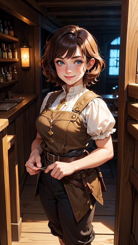 Stunningly beautiful, adult halfling girl, halfling, handsome, halfling female, brunette short curly hair, many freckles, in a fantasy tavern, high cheekbone, smiling, full body portrait, detail love, good quality, colourful, highly detailed, soft light