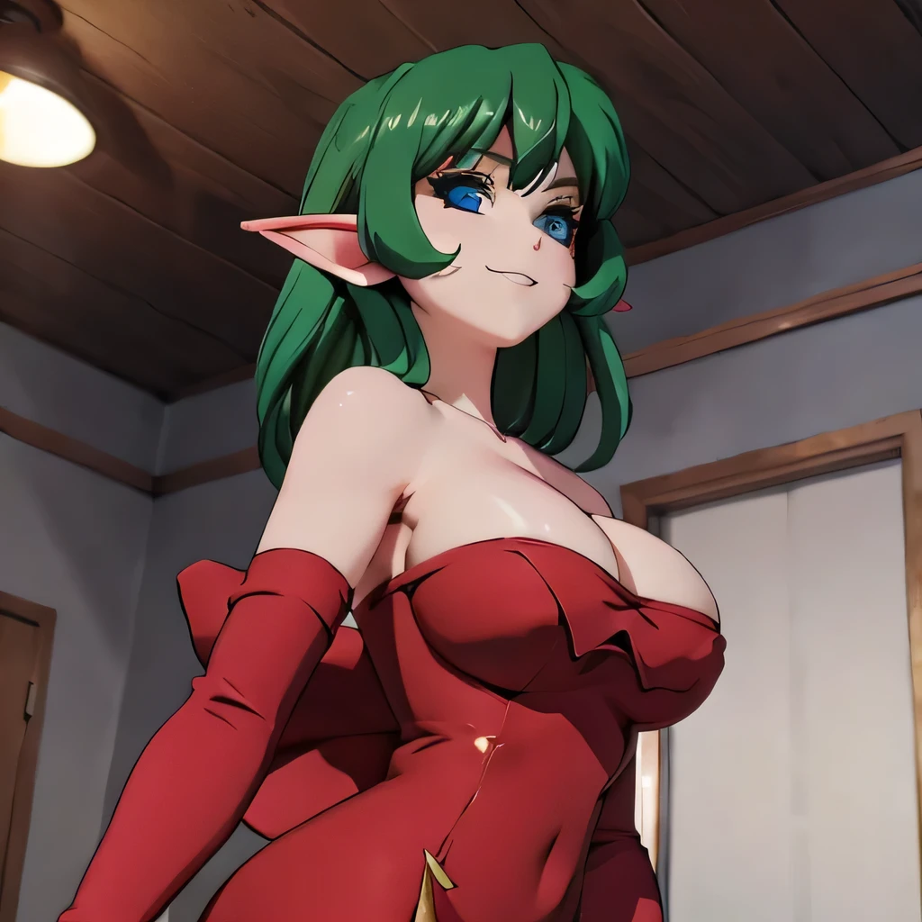 ((masterpiece,best quality,ultra-delicate,Perfect Face,16k,high resolution,very beautiful girl)),medium short green hair,Red strapless bodycon tube dress ,Red long arm sleeves,red high heels,Elf Girl,large Breasts,blue eyes,Beautiful smile,20 years old,cowboy shot