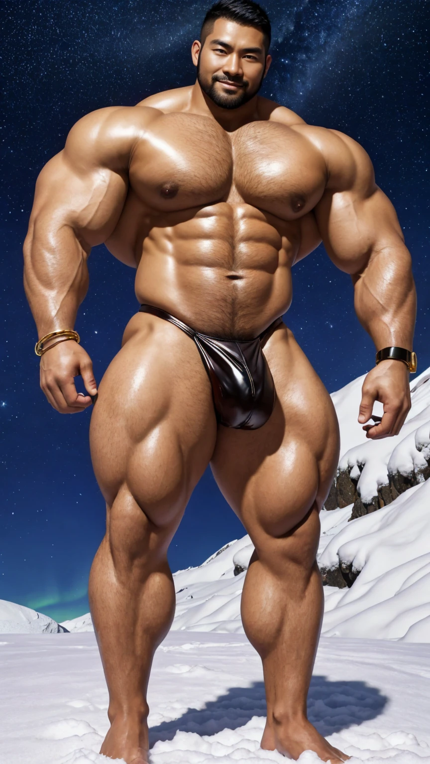 There is only one handsome Chinese man in the photo,35 years old,tall, Fitness,Smooth body,Smooth skin,No chest hair,short hair, O-Shaped Beard,Perfect body, Dark skin color,Radiant Skin,Smooth skin,Shiny, shiny skin,Smooth pectoral muscles,Muscle bulge, muscular, Very large pectoral muscles,Very sexy abdominal muscles,Very well-developed leg muscles,Huge concave and convex area,Brightens oily skin,Wearing a shiny gold leather thong,Handsome face,Normal human toes,Correct and accurate male body proportions,Gold Collar,Gold bracelet,Gold anklets,Standing in the snow,Night sky,A sky full of stars,There are auroras,Colorful,Charming dream scene,Epic。